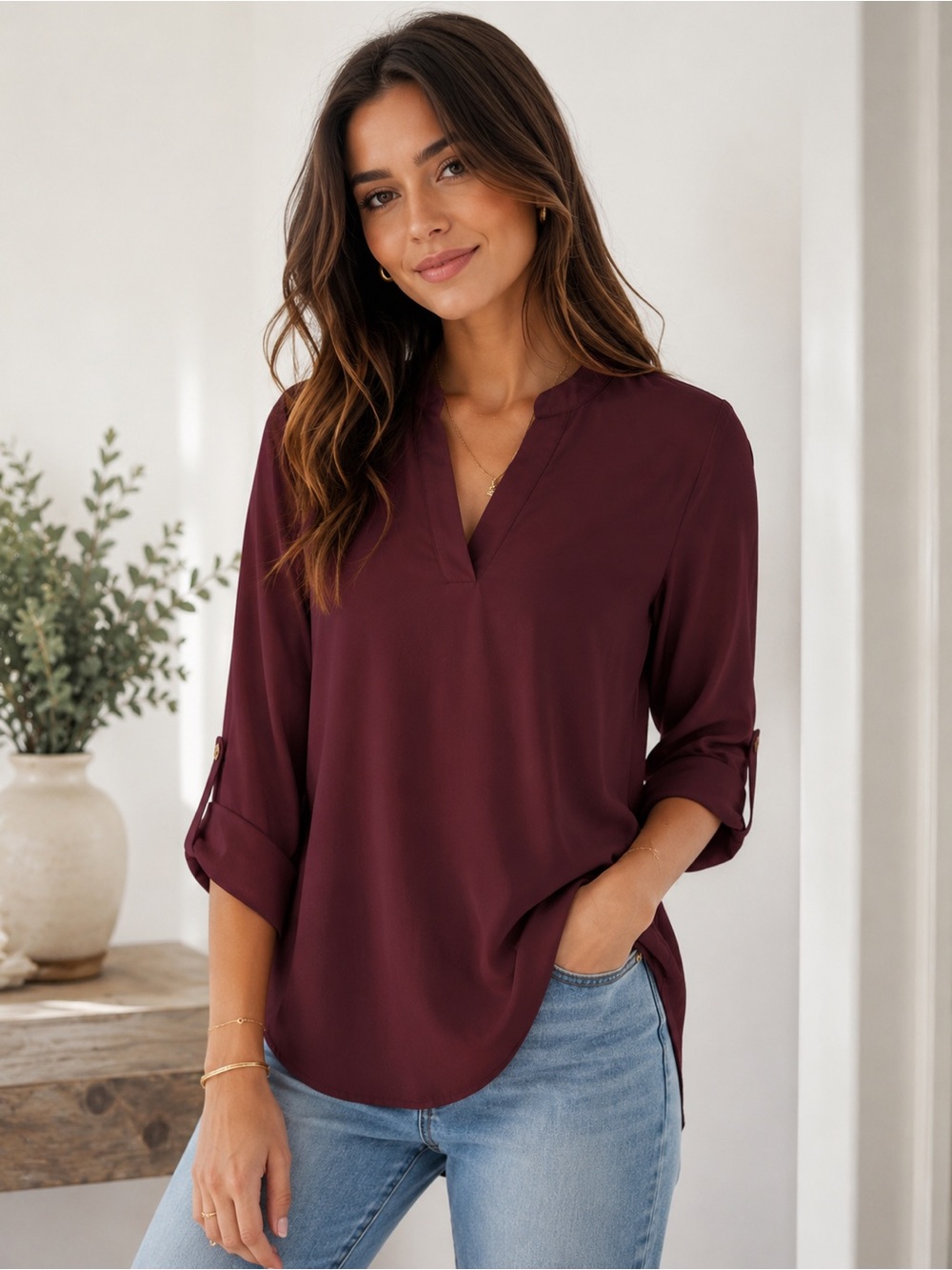 Lush Split-Neck Tunic Top in Burgundy